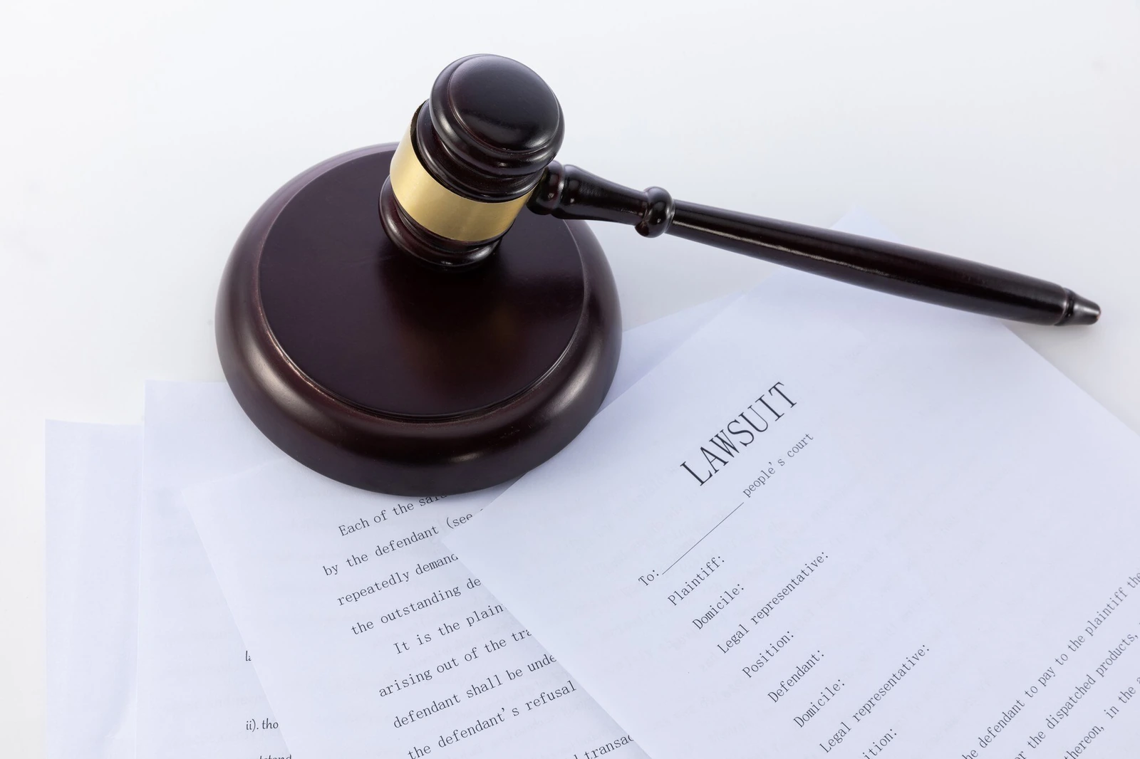 A judge's gavel resting on lawsuit documents