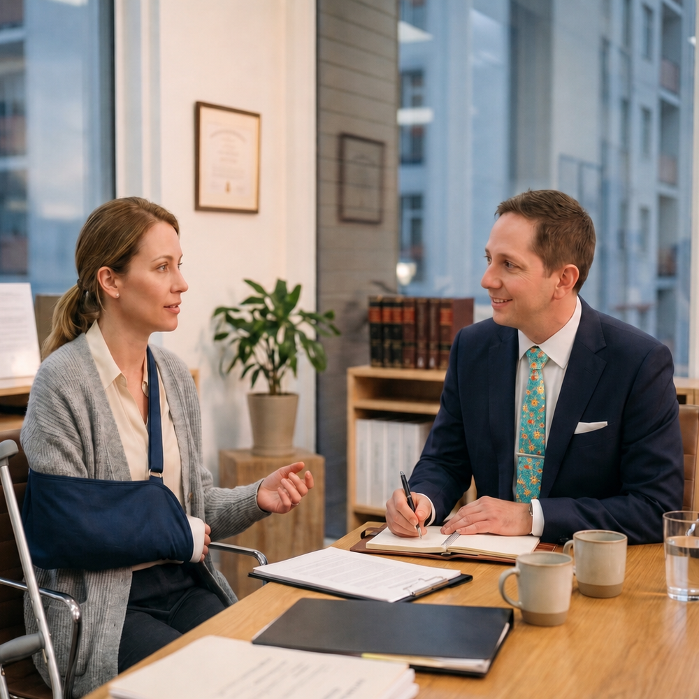 A personal injury attorney meeting with an injured client