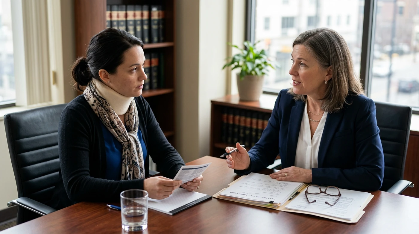 An attorney reviewing a disputed PIP claim with a client