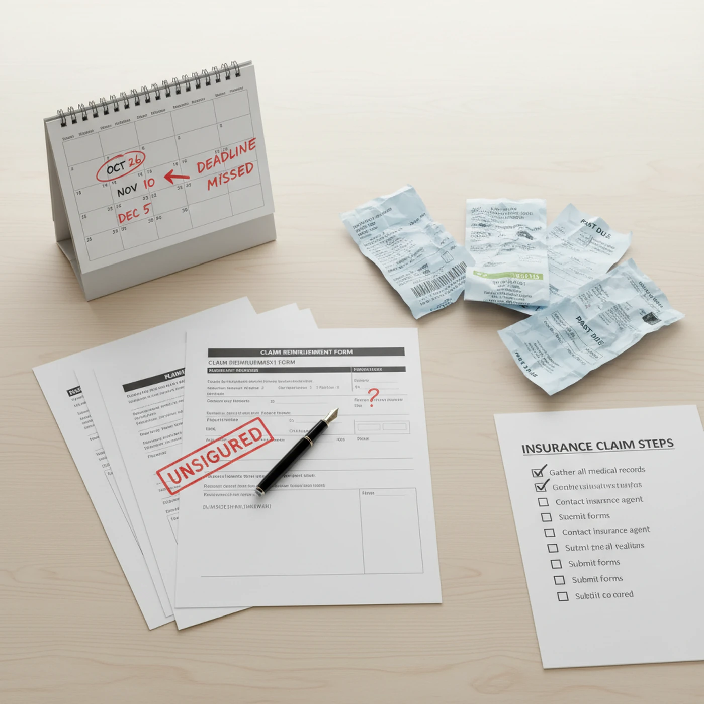 A missed claim deadline on a calendar beside unpaid bills
