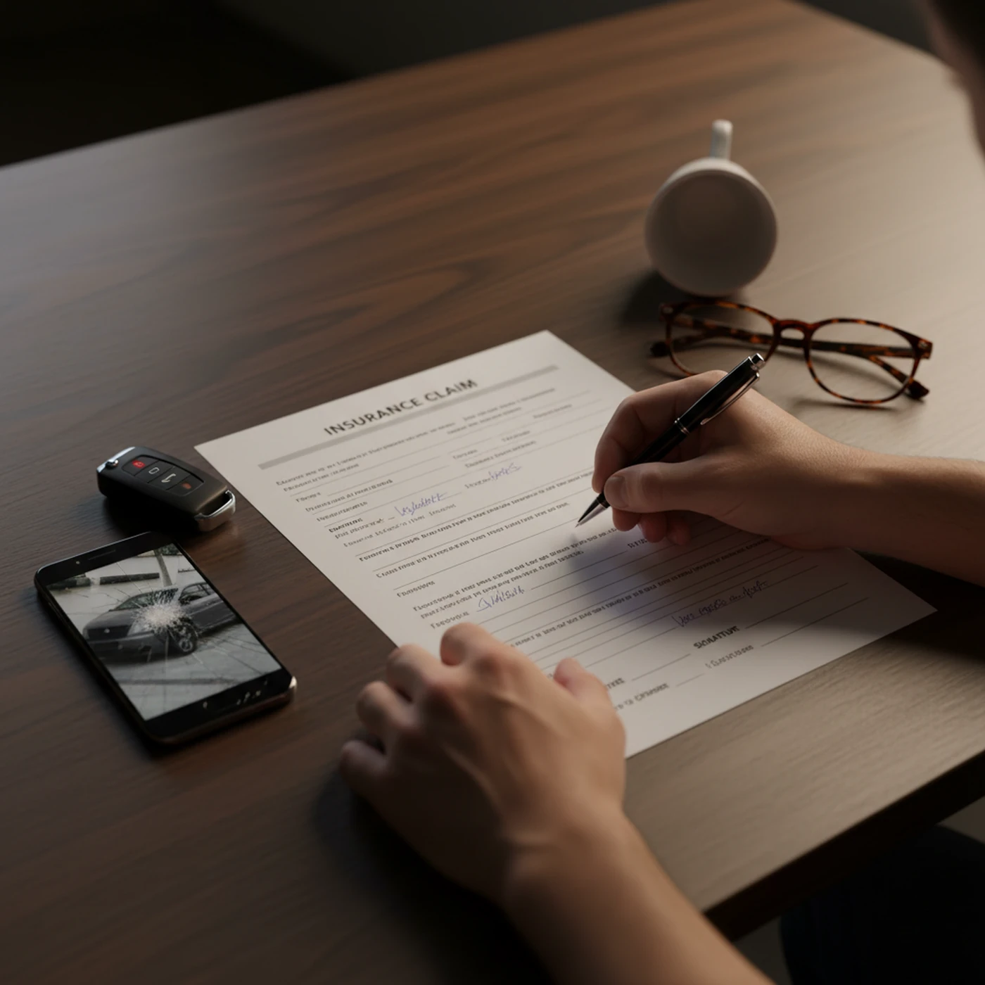 Signing an insurance claim form after a crash