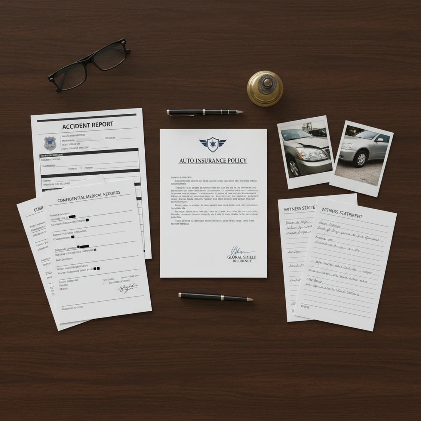 An accident report, auto policy, photos, and witness statements