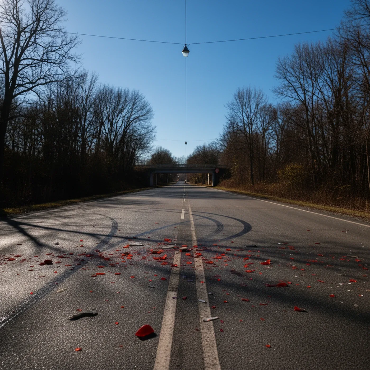 Skid marks and debris on an empty road after a hit and run