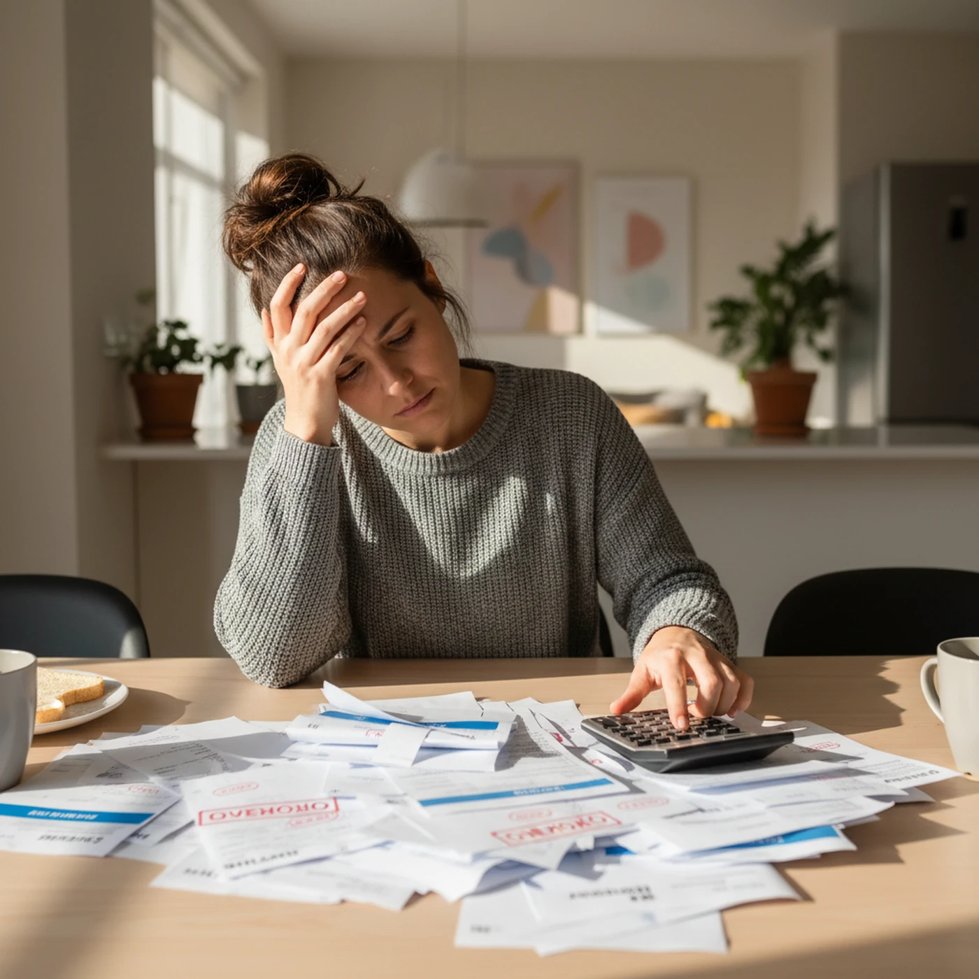 A person overwhelmed by medical bills at a kitchen table