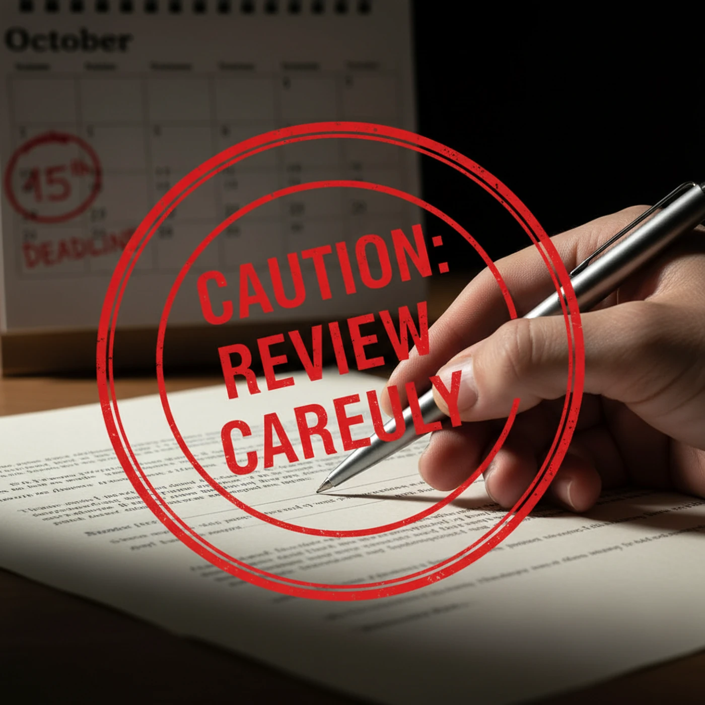 A caution stamp over an insurance document warning to review carefully