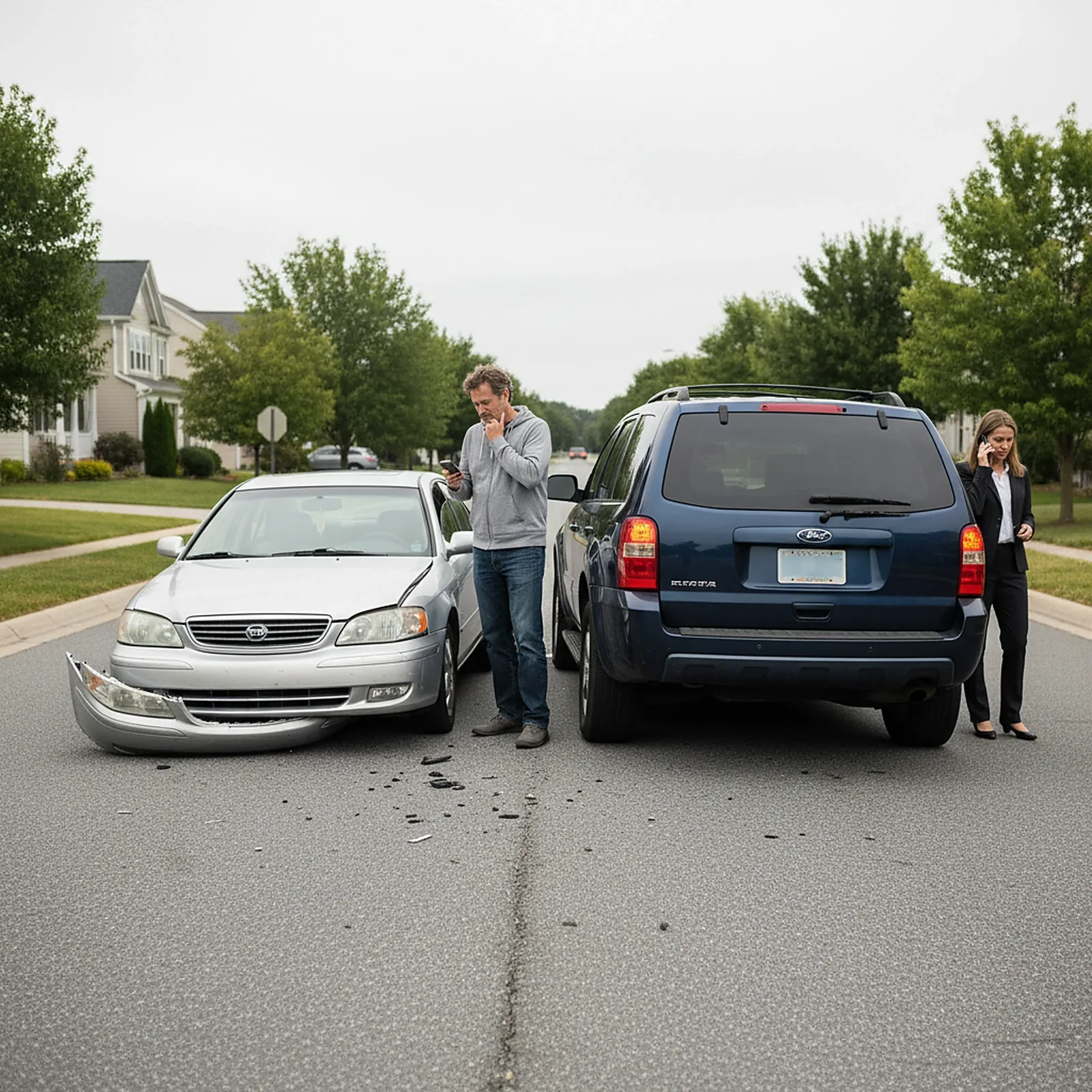 Two drivers exchanging information after a collision
